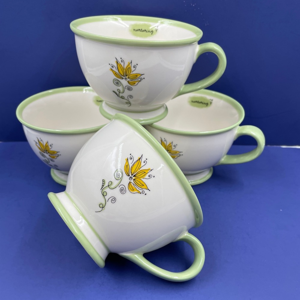 Starbucks 2006 Nurturing Floral Mugs Set of 4 Green Yellow White 10oz Footed Cup
